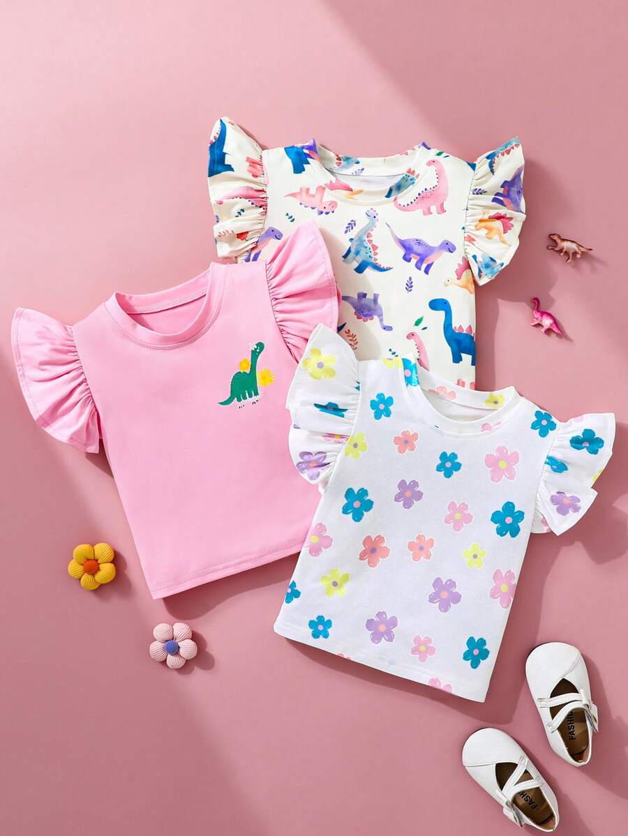SHEIN 3件套女婴休闲日常百搭可爱彩色恐龙和花朵印花图案组合短袖上衣,柔软舒适的针织面料,适合6个月至3岁的宝宝,是日常穿着和户外活动的理想之选。 - 彩色 - 查看 1