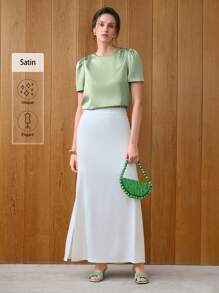 Uhlyne 女士优雅圆领短袖府绸衬衫，通勤风格 - 薄荷綠 - 查看 4