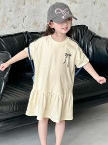 Dazy Kids 女孩年轻女孩秋夏休闲圆领针织蝴蝶结印花短袖连衣裙 - 黃色 - 查看 4