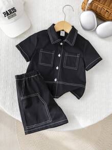 2pcs/Set Baby Boy/Girl Casual School Chic Oversized Top/Shirt With Elastic Waist Shorts Outfit, Suitable For Spring/Summer Indoor And Outdoor Wear