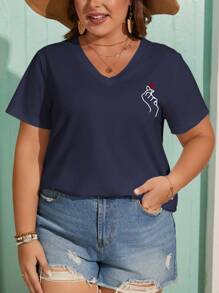 SHEIN Frenchy Plus Size Women's Heart Print V-Neck Short Sleeve T-Shirt - Navy Blue - View 4