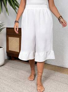 EMERY ROSE Pantalones capri holgados con cintura elástica blanca y detalle de volantes en el bajo, para mujer de talla grande. Estilo casual para primavera/verano - Blanco - Ver 1