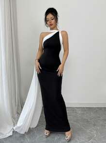 Rafferiza Elegantes Damen Kleid mit Kontrast in Schwarz & Weiß, Elastisch, Mesh-Raffung am Saum, Lang für Frühling/Sommer - Schwarz und Weiss - Übersicht 6