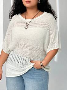 SHEIN EZwear Plus Size White Sheer Knit Sweater - White - View 1