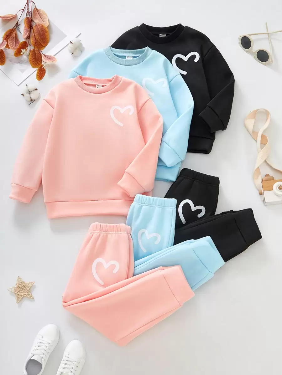 SHEIN Genkimix Kids 2 件套年轻女孩休闲多色套头连帽衫和运动裤,百搭混搭套装,适合搭配各种夹克、外套 - 彩色 - 查看 1