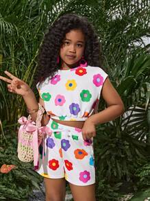 少女夏日假期花卉印花宽松圆领无袖上衣和迷你短裤套装，母女装（单独出售，2 套） - 白色 - 查看 4