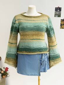 Soleia Sweater Rajut Bulu Imitasi Lengan Lonceng Leher Bulat Jala Gradien Ukuran Besar untuk Wanita, Musim Gugur/Musim Dingin, Gaya Resort - MultiWarna - View 5