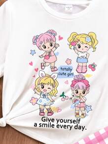SHEIN Conjunto de pijama para niña preadolescente con camiseta de manga corta de cuello redondo con estampado gráfico de niña de dibujos animados y pantalones anchos, adecuado para el verano