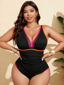 Swim Lushoire Plus Size Women 2pcs Black Ribbed Deep V-Neck Wide Strap Mesh Panel One Piece Swimsuit, Suitable For Summer Beach Holiday - Black - View 5