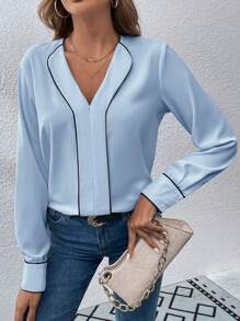 SHEIN Clasi Color Block Trim Long Sleeve Casual Shirt - Blue - View 3