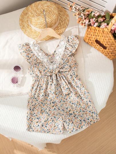 SHEIN Elladie kids 年轻女孩夏季新款碎花荷叶边 V 领系带腰露背 A 字连衣裙，田园风格时尚