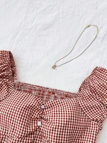 SHEIN TEENGIRL Burgundy Retro Plaid Ruffle Trim A-Line Top, College Casual Style