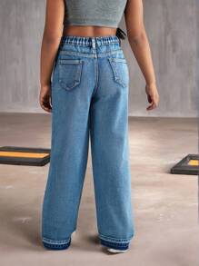 Tween Girls Street Style Distressed Loose Straight Wide-Leg Jeans - Medium Wash - View 2