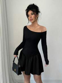 Chiquease Women's Asymmetric Sleeve Patchwork Mini Dress, Spring & Autumn - Black - View 6