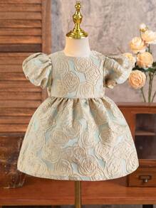 Elladie kids Newly Launched! Baby Girl's Short-Sleeved Dress With Rose Patterns And Bubble Sleeves, Along With A Puffy Dress With A Bowknot For Formal Occasions. It's Comfortable, Fashionable, Elegant, Sweet And Lovely, Perfect For Daily Wear.