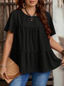 EMERY ROSE 加大码女式纯色圆领荷叶边短袖宽松衬衫，波西米亚风夏季，西部女装，度假