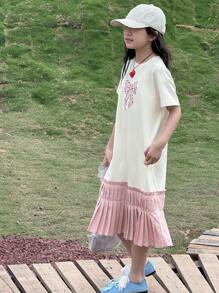 DAZY Tween Girl' Round Neck Knitted Short Sleeve Dress With Bow And Graphic Print, Summer,Back To School Clothes - White - View 5