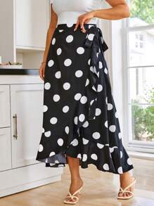 KURAYIA Plus Size Women Polka Dot Print Ruffle Trim Wrapped Hem Skirt - Black - View 1