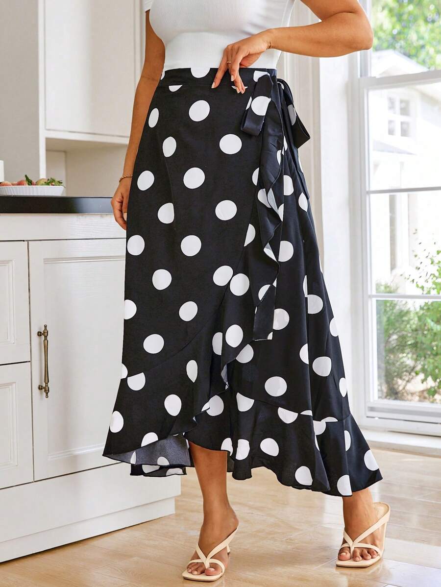 KURAYIA Plus Size Women Polka Dot Print Ruffle Trim Wrapped Hem Skirt - Black - View 1