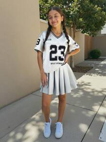 Tween Mädchen Street Style Stricknetzstoff Bedrucktes V-Ausschnitt Kurzarm-Top & Faltenrock 2 Stücke Set, Y2K Fashion Punk Style, süß & cool, Zurück zur Schule