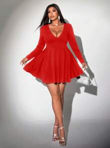 Viva Relle 大码女式性感深 V 领镂空露背 A 字型泡泡袖纯色时尚百搭短款连衣裙 - 紅色 - 查看 5