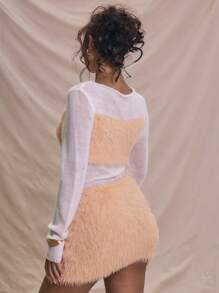 MUSERA Long Sleeve Knitted Fluffy Panel Mini Long Sleeve Dress Elegant Boho Summer - Pink - View 3