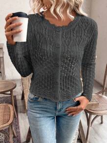 EMERY ROSE Women's Hollow Placket Button Front Cardigan, Knit Sweater Jacket For Autumn/Winter Fall Cloth For Women - Dark Grey - View 7