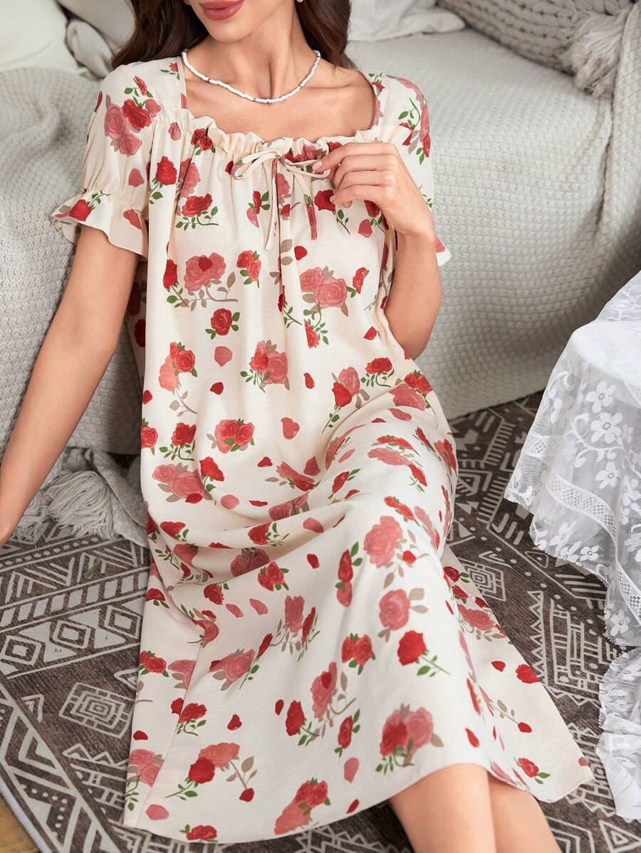 Women's Rose All-Over Print Short Sleeve Sleep Dress - Multicolor - View 1