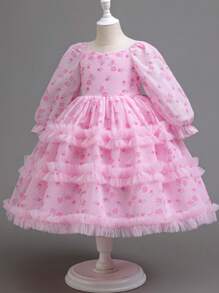 SHEIN Glamorique Kids Girls Party Dress With Floral & Cake Print, Long Sleeve Costume Dress, All Season Young Girls Floral Dress Birthday Dresses For Girls Birthday Dresses For Kids - Pink - View 3