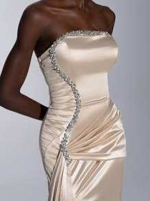 Elitara Váy suông dài màu sâm panh sang trọng, thanh lịch và lộng lẫy, chất liệu satin cao cấp, kim cương thủ công, không dây, xếp ly, đuôi cá xẻ tà gợi cảm, có tua rua và viền váy xòe, thích hợp cho các buổi hẹn hò, tiệc đơn, tiệc cocktail, lễ tốt nghiệp, tiệc tối, tiệc cưới, dạ hội - Rượu sâm banh - Xem 4