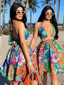 SHEIN SXY Women Mini Dress, Casual & Fashionable For Daily Wear, Beach Dresses For Women, Tropical Vacation Woman Clothes, Resort Dresses For Women,Sun Dresses For Women,Cruise Attire Women,Backless Dress,Resort Wear Women,Ibiza Outfits,Sexy,Spring Break,Summer,Sundress - Multicolor - View 3