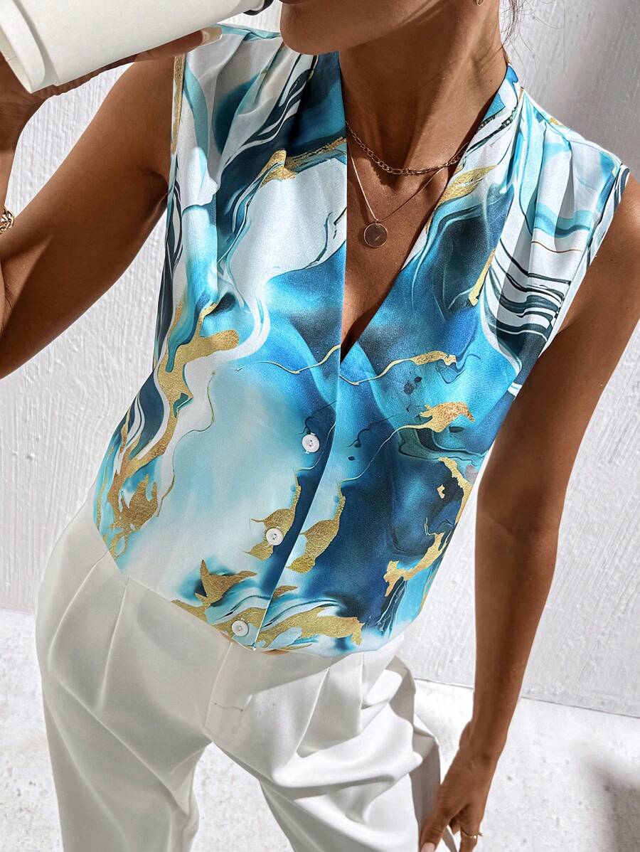 SHEIN LUNE Blouse décontractée pour femmes à col en V et manches courtes, imprimé marbre
