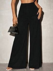 SHEIN SXY Plus Size Women High Waist Wide Leg Elastic Waist Snug Pants, Suitable For Fall & Winter, Sexy Office Siren Coquettish, Commuting, Business, Date Night, Birthday, Bachelorette Party, Cute, Casual, Shopping, Streetwear, Going Out, Easy To Match & Looks Slim, Accent Your Body, Flatter The Figure, Tummy Control