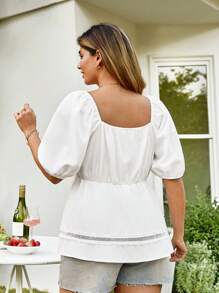 KURAYIA Plus Size Women Lace Patchwork Lantern Sleeve Blouse