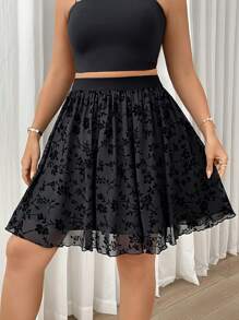 SHEIN Privé Váy mini xòe in hoa cạp chun cỡ lớn, thoải mái, giản dị, thanh lịch, mặc đi biển ngày lễ, vải co giãn, thích hợp để đi làm, mùa xuân/hè - màu đen - Xem 5