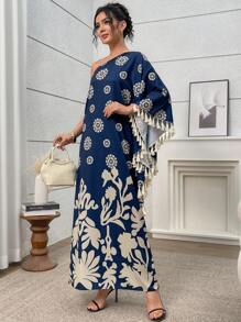 Al Najma Women's Floral Print Batwing One Shoulder Fringe Design Loose Super Long Dress
