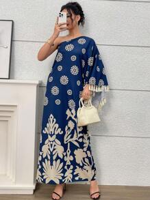 Al Najma Women's Floral Print Batwing One Shoulder Fringe Design Loose Super Long Dress