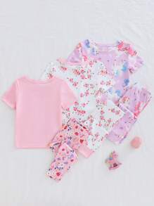 Bộ đồ ngủ 6 món cho bé gái, in hình kỳ lân hoa lá, cổ tròn, tay ngắn và quần legging, quần áo trẻ em gái, quần áo mùa hè cho bé gái, đồ ngủ ôm sát, đồ ngủ vừa vặn. - Nhiều màu - Xem 2