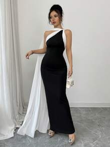 Rafferiza Elegantes Damen Kleid mit Kontrast in Schwarz & Weiß, Elastisch, Mesh-Raffung am Saum, Lang für Frühling/Sommer - Schwarz und Weiss - Übersicht 3