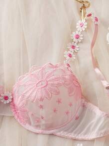 2件套女士性感内衣文胸和内裤套装带刺绣蕾丝 - 粉色 - 查看 5