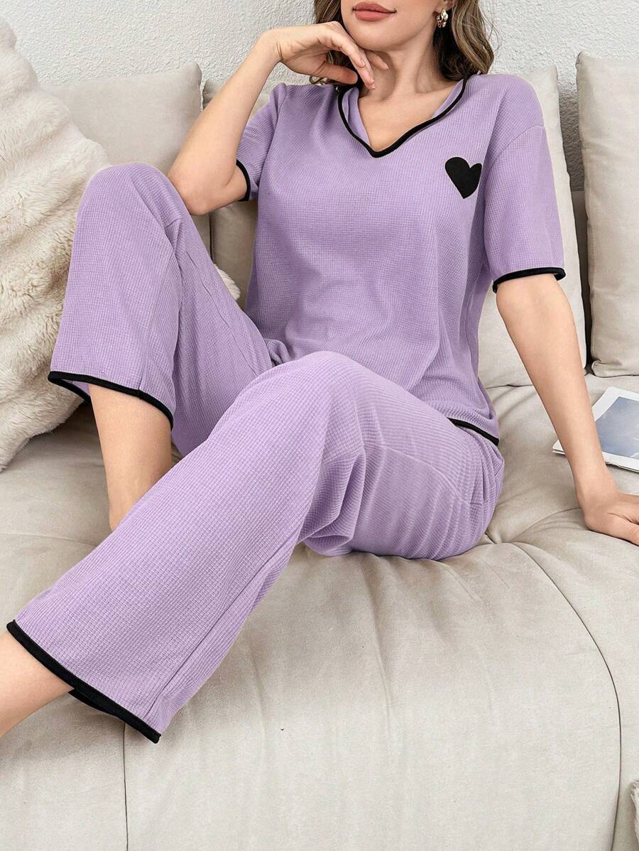 心形印花女式休闲睡衣套装 - 紫色 - 查看 1