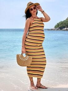 SHEIN Vestido de maternidad entallado sin espalda a rayas casual de vacaciones