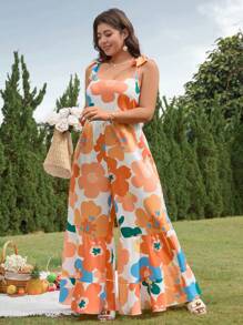 SHEIN Clasi Combinaison grande taille à imprimé floral, épaules nouées avec jambe ample, pour les vacances - Multicolore - Voir 6