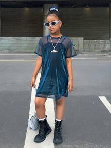 Tween Girls Buy One Get One Free, Fashion Street Colorful Sheer See-Through Mesh Dress With Built-In Black Suspender Dress, Back To School, Sweet And Cool Girl, Y2K