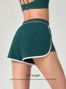 GLOWMODE Tennis Get In Motion Layered Side Slit Contrast Waistband Trim Shorts With Built-In Shorts Medium Impact Running Training Workout Gym - Dark Green - View 2