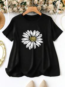 SHEIN Áo thun tay ngắn in họa tiết hoa cỡ lớn cho nữ - màu đen - Xem 1