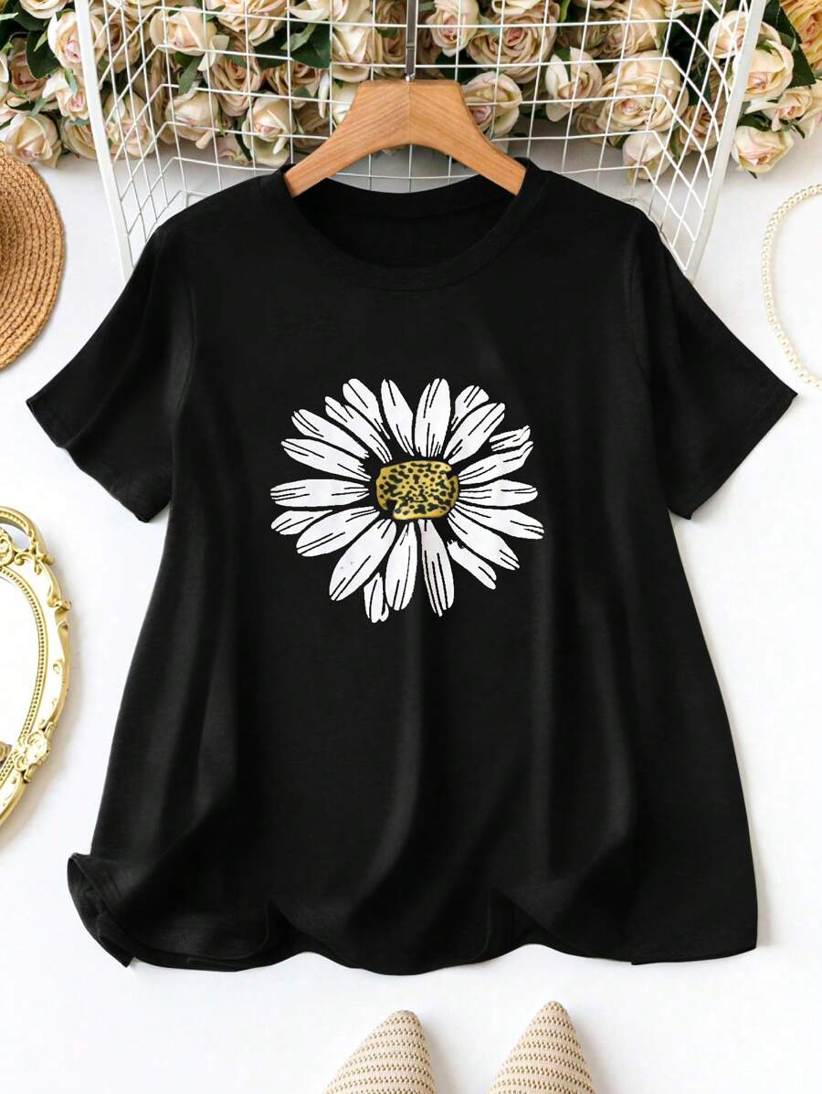 SHEIN Áo thun tay ngắn in họa tiết hoa cỡ lớn cho nữ - màu đen - Xem 1