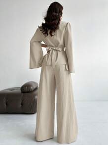 Firerie 2 件女式秋冬系带长袖衬衫上衣和美人鱼下摆裙子套装，开衩长袖衬衫套装，鱼尾长裙套装，优雅/通勤/休闲/商务/度假/职业装 - 杏色 - 查看 2