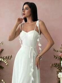 Firerie Vestido línea A con decoración floral blanca, elegante, minimalista, precioso y romántico con cintura alta, adecuado para uso diario, citas, fiestas, vacaciones