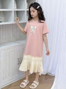 DAZY Tween Girl Round Neck Knit Short Sleeve Butterfly Print Patchwork Dress, Summer,Back To School Clothes - Pink - View 5